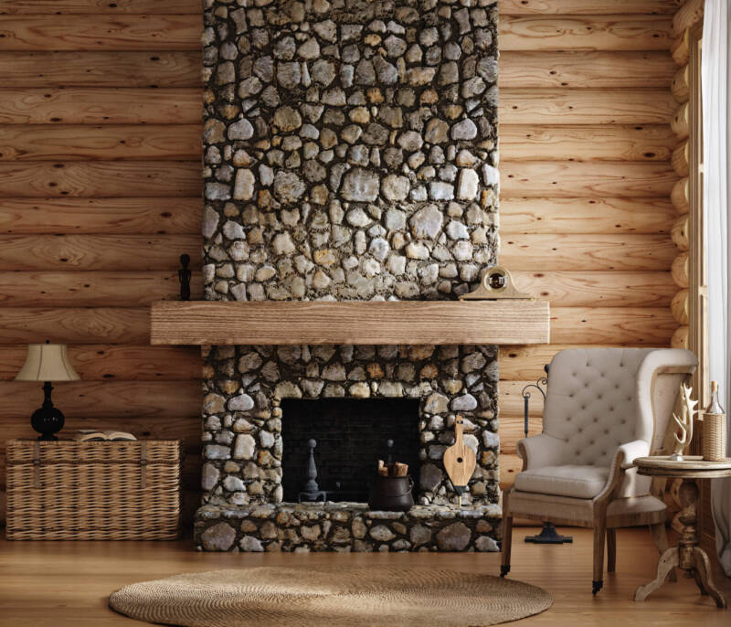 Home-mockup,-cozy-log-cabin-interior-background,-3d render