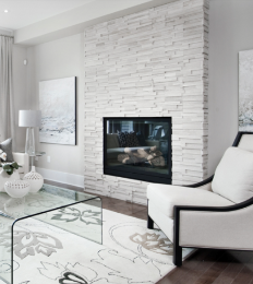Modern living room featuring a white monochrome color scheme and a glass-front fireplace with a white stone surround.