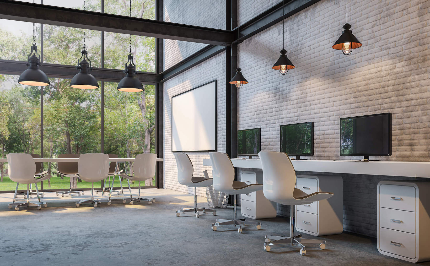 An open office concept with a presentation area and bar-style workstations, featuring brick walls and natural light.